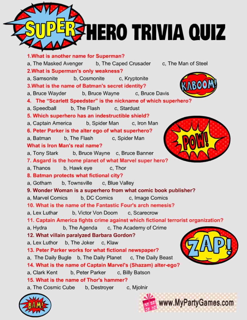 Free Printable Super Hero Trivia Quiz