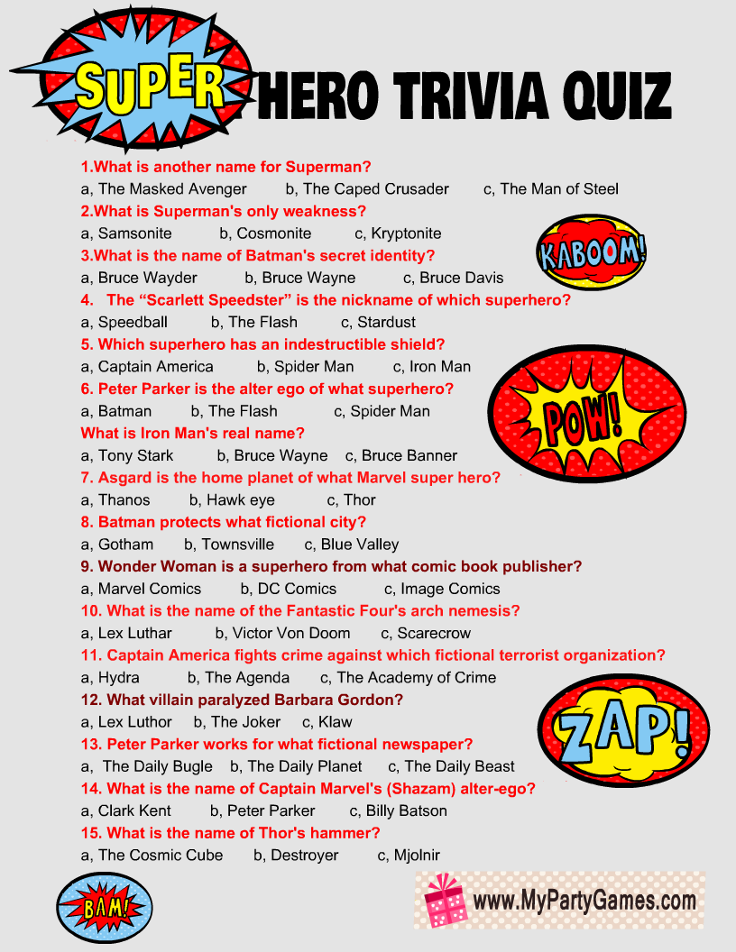 Free Printable Superhero Trivia Quiz