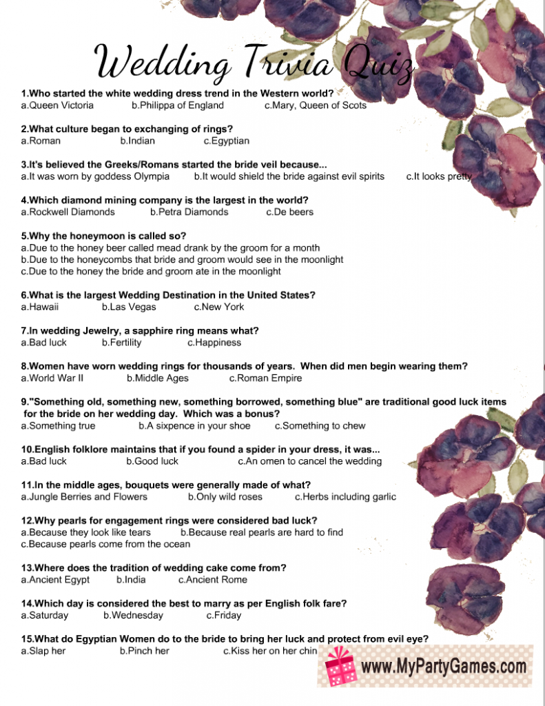 Free Printable Wedding Trivia Quiz