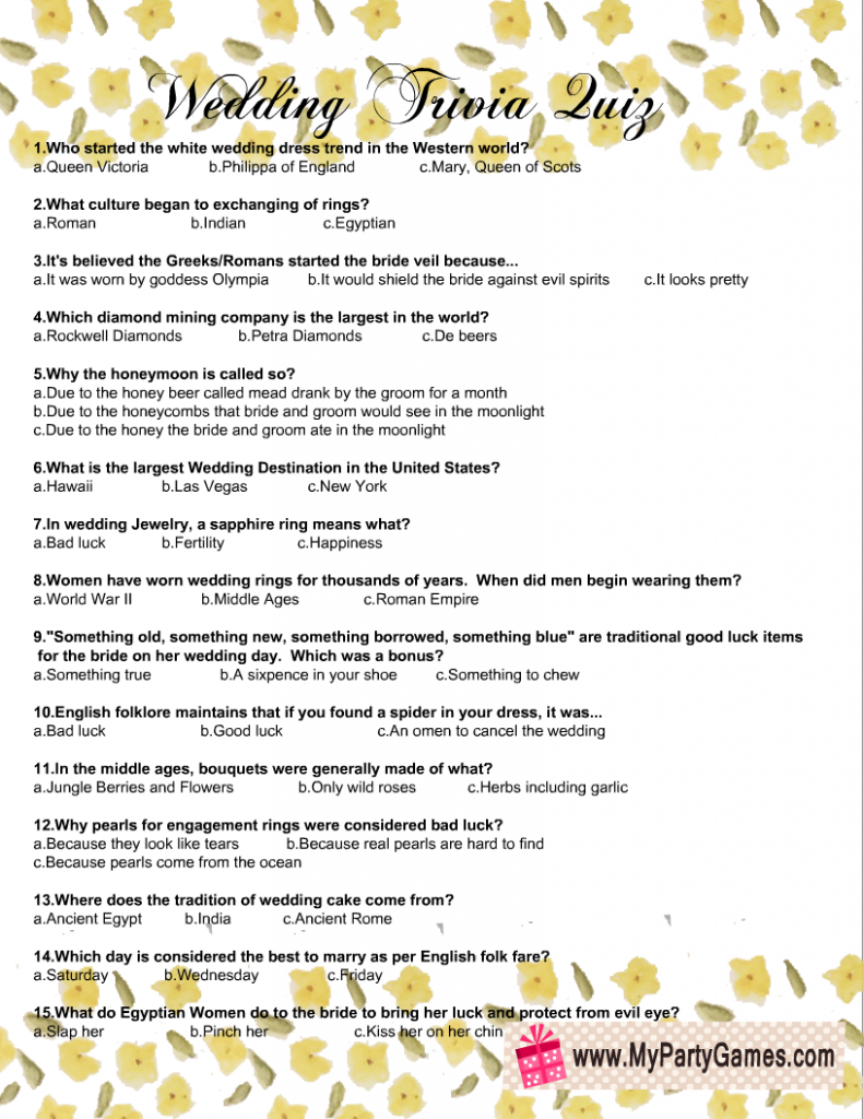 Wedding Trivia Quiz Printable Game