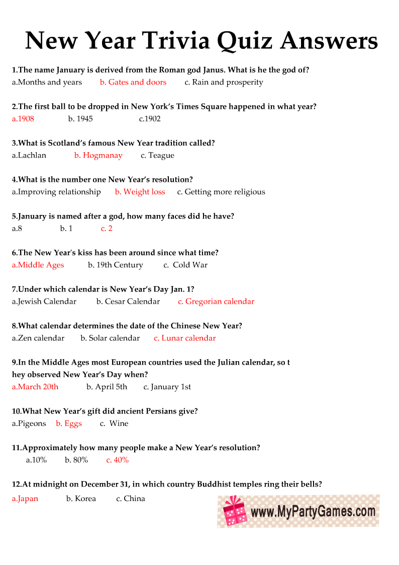 New Year S Trivia Questions And Answers Printable Quiz Questions And Answers