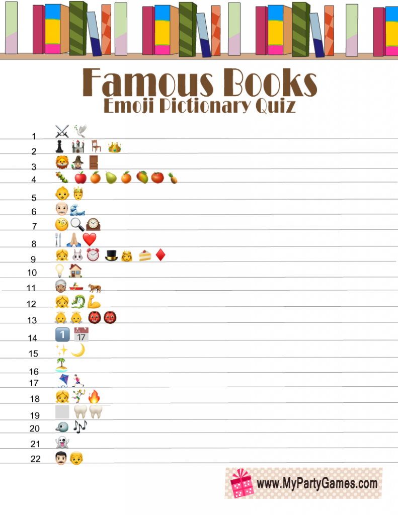 Famous Books Emoji Pictionary Quiz Printable