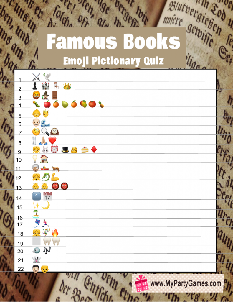 Free Printable Famous Books Emoji Pictionary Quiz