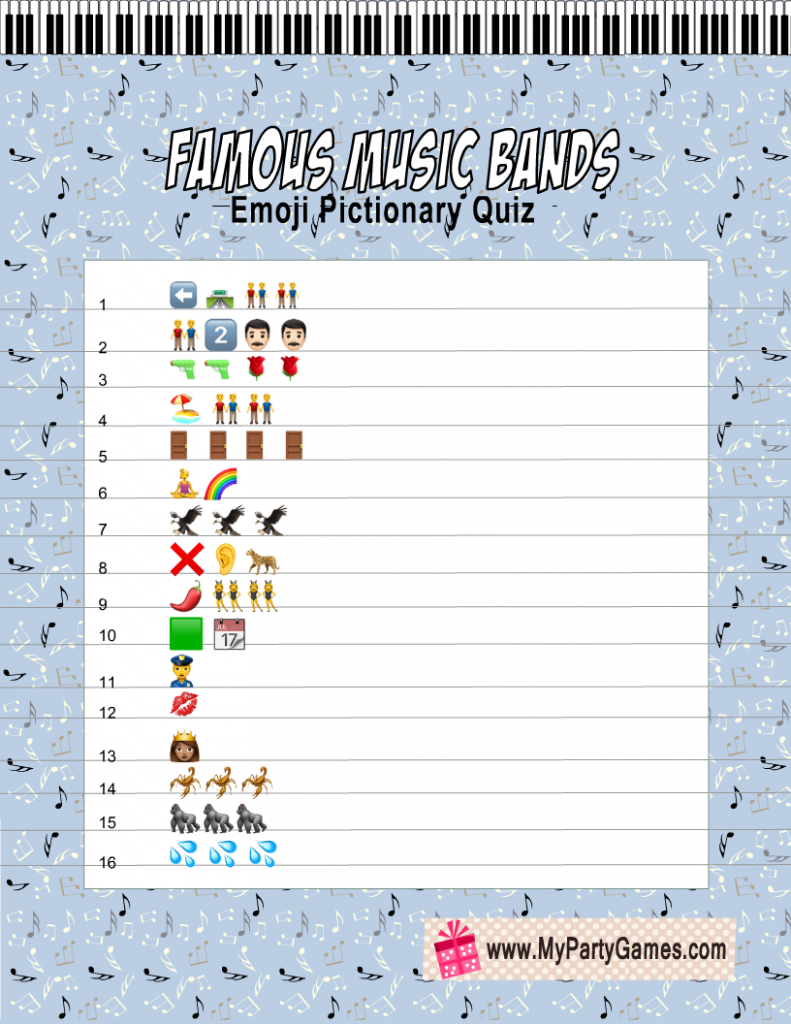 Free Printable Famous Music Bands Emoji Pictionary Quiz