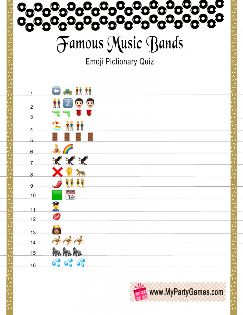 Famous Music Bands Emoji Pictionary Quiz Printable