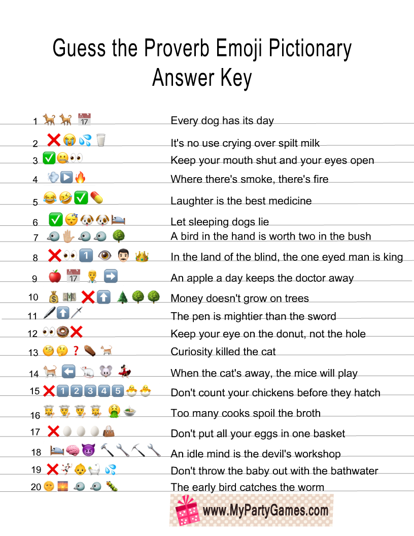 Forsvinde adelig ser godt ud Free Printable Guess the Proverb Emoji Pictionary Quiz