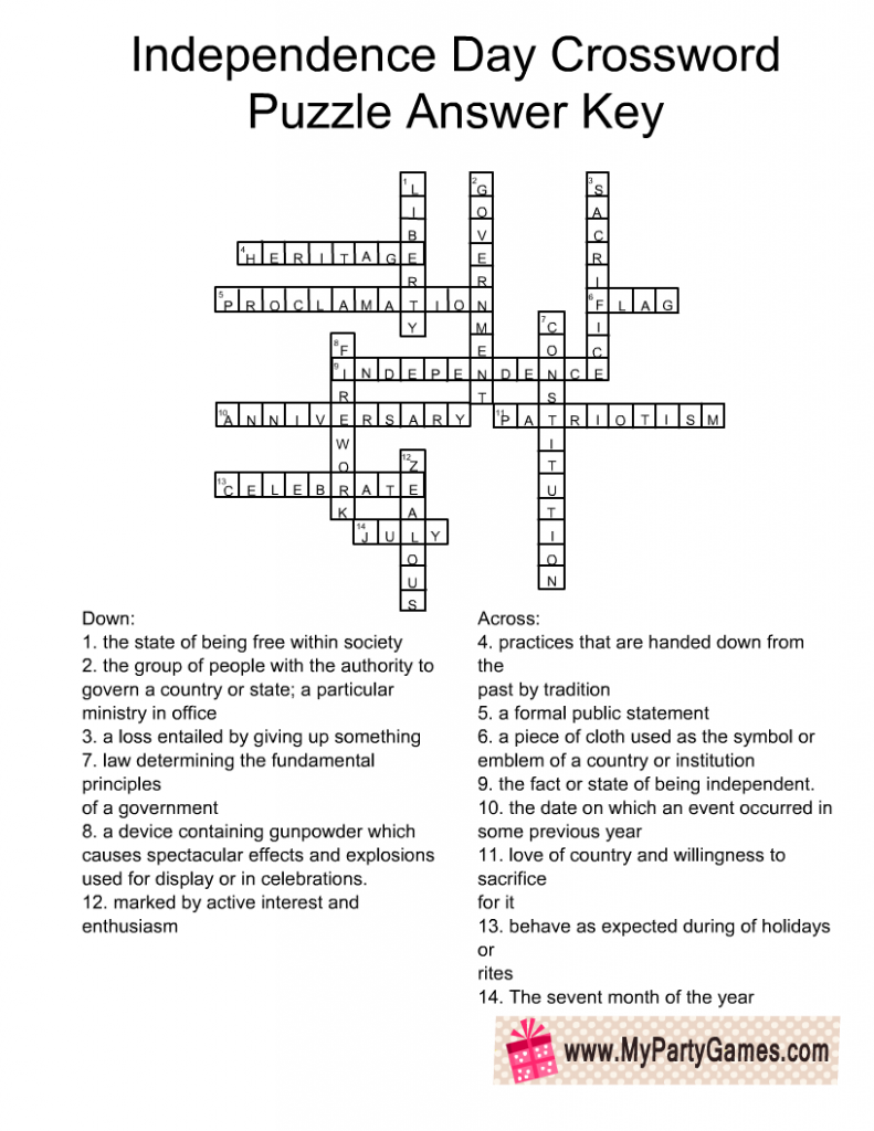 Independence Day Crossword Puzzle with Answer Key 