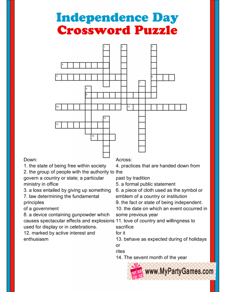4th of July Crossword Puzzle Printable