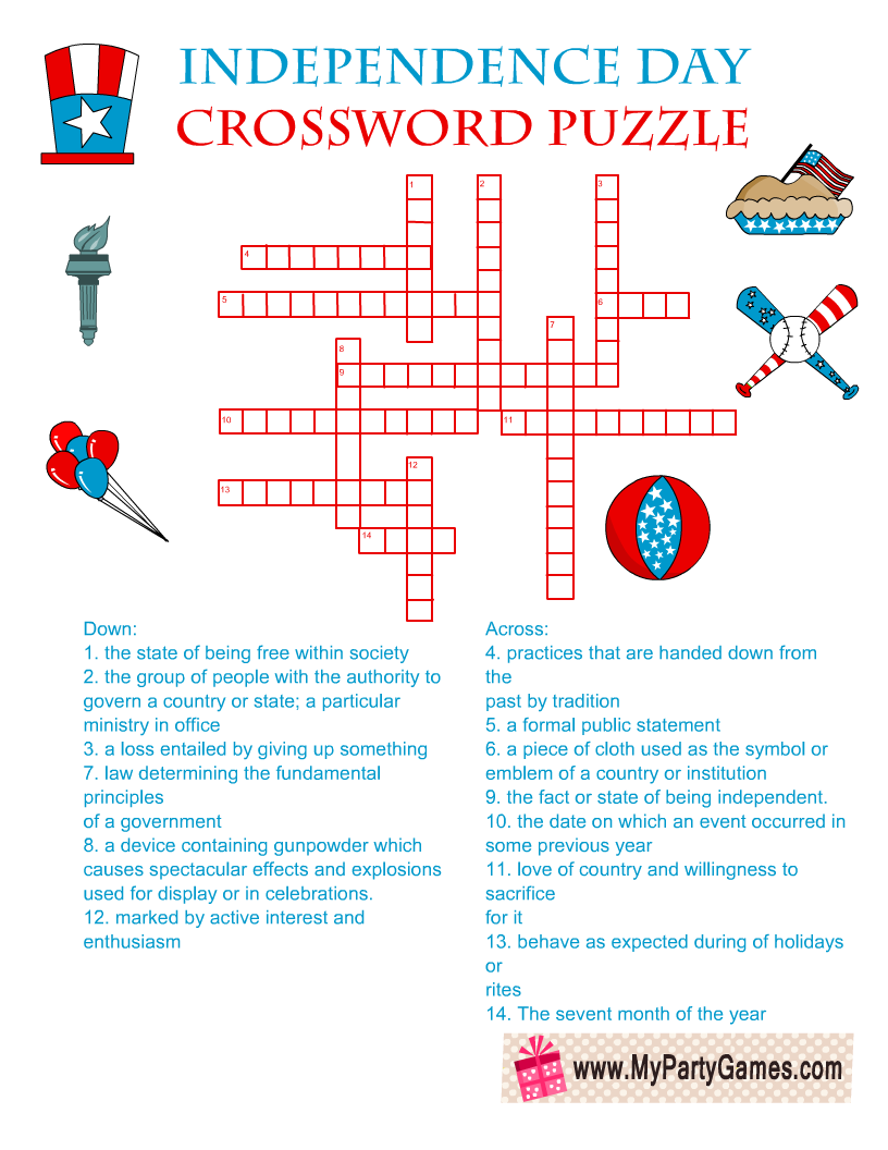 Free Printable Independence Day Crossword Puzzle with ...