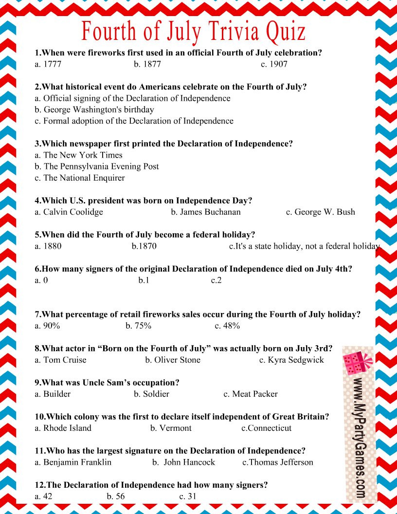 Free Printable Usa Independence Day Trivia Quiz