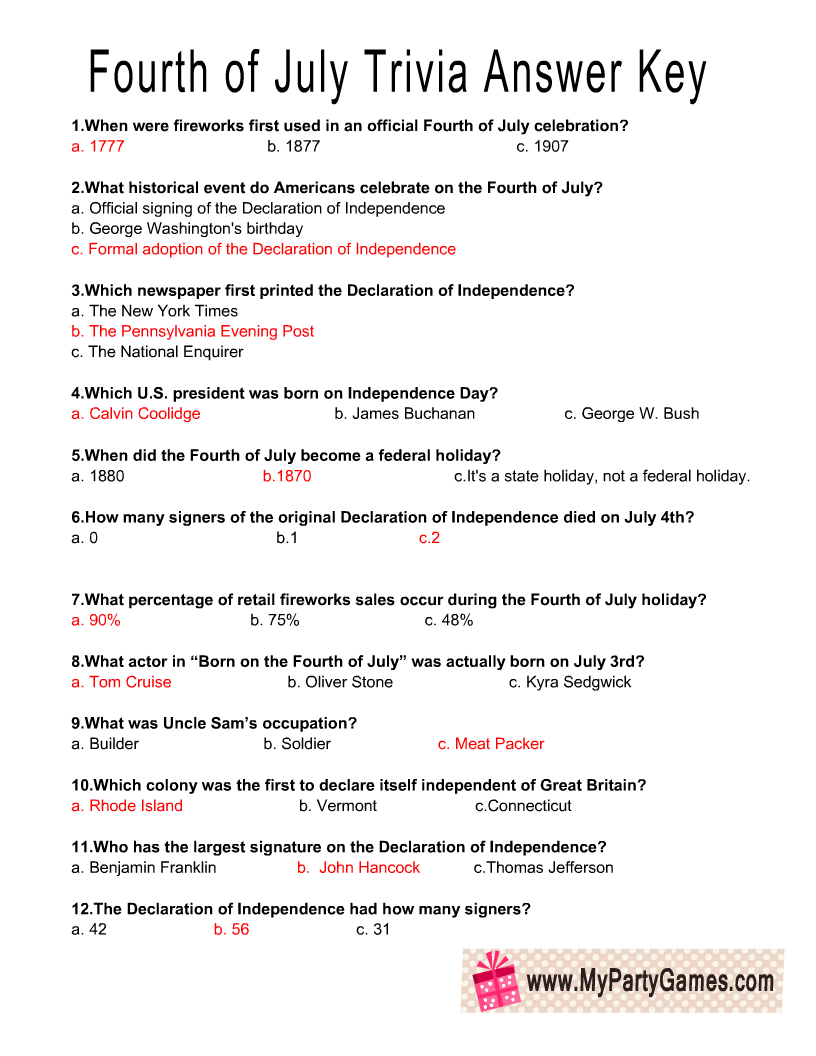 Free Printable USA Independence Day Trivia Quiz Inside Declaration Of Independence Worksheet Answers