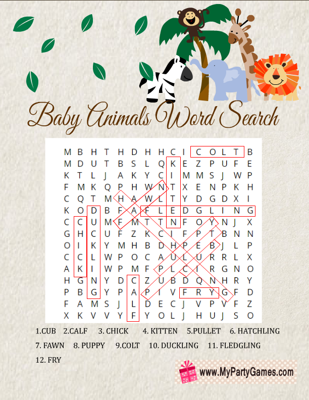 Free Printable Baby Animals Word Search Game Solution