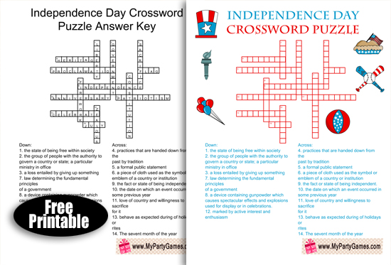 Free Printable Independence Day Crossword Puzzle with Answer Key