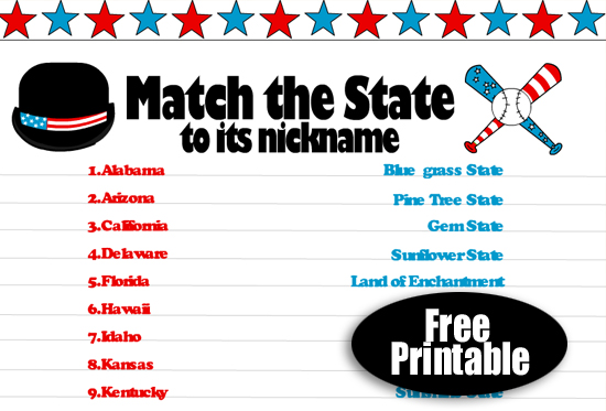 Free Printable Match the State to Its Nickname Game