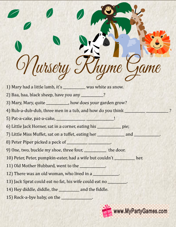 Baby Shower Nursery Rhymes Game with Answers