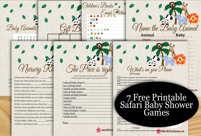 Safari Animals Baby Shower Games, Printable Games, Baby Games Pack