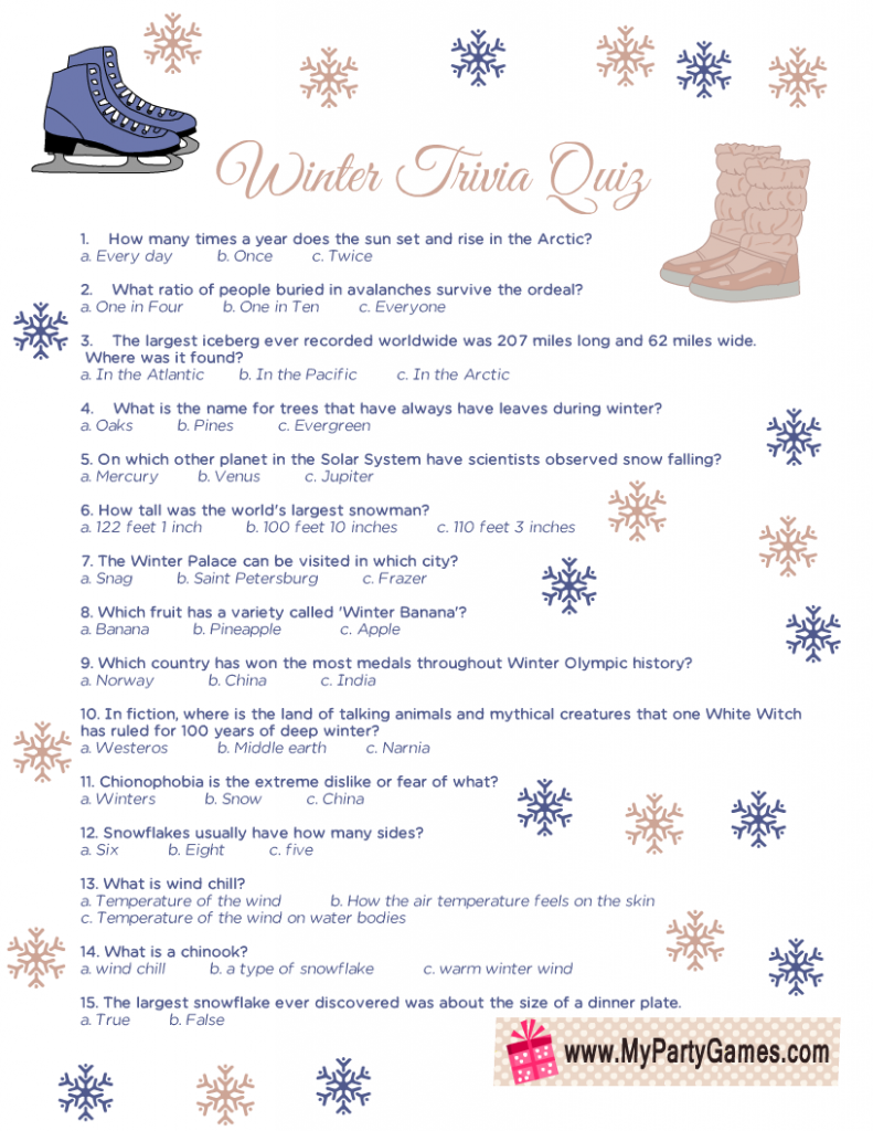 Winter Trivia Quiz Printable