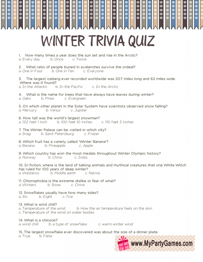 Winter Trivia Quiz Printable Worksheet