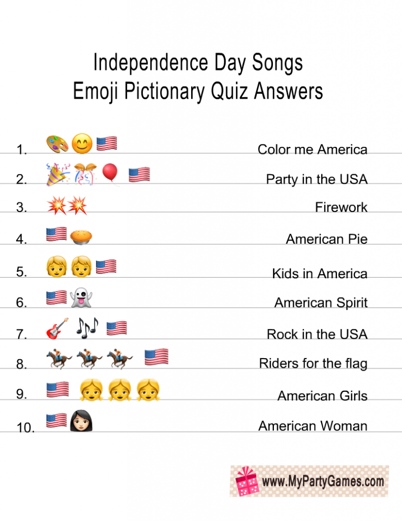 Patriotic Songs Emoji Pictionary Quiz Answer Key