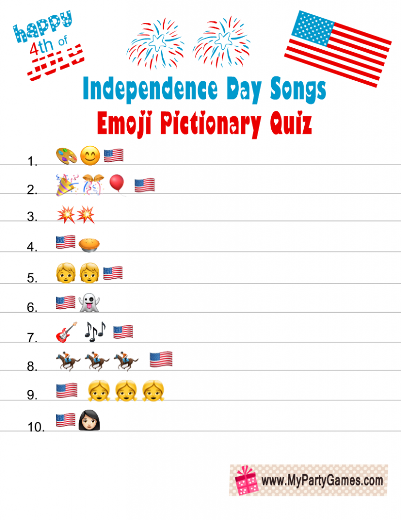 Patriotic Songs Emoji Pictionary Quiz Printable