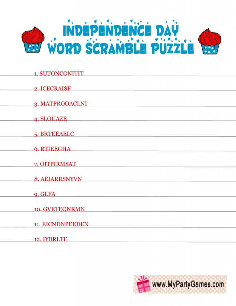 Independence Day Word Scramble Puzzle Printable