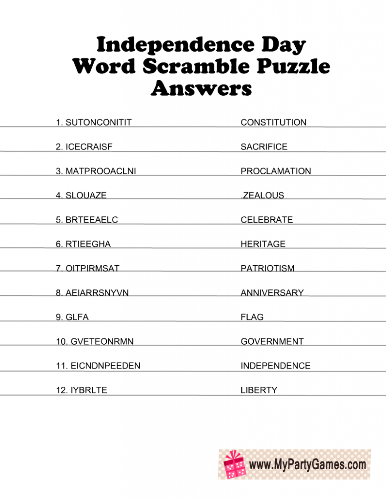 4th of July Word Scramble Puzzle Answer Key