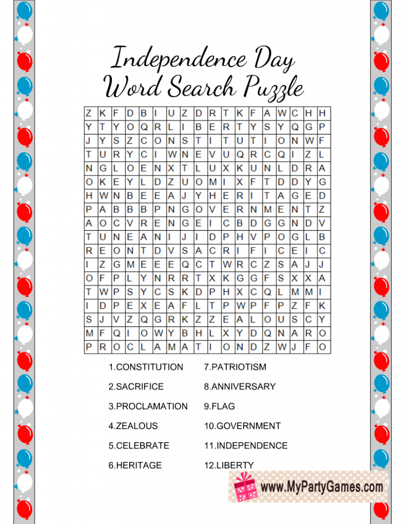 4th of July Word Search Puzzle Printable