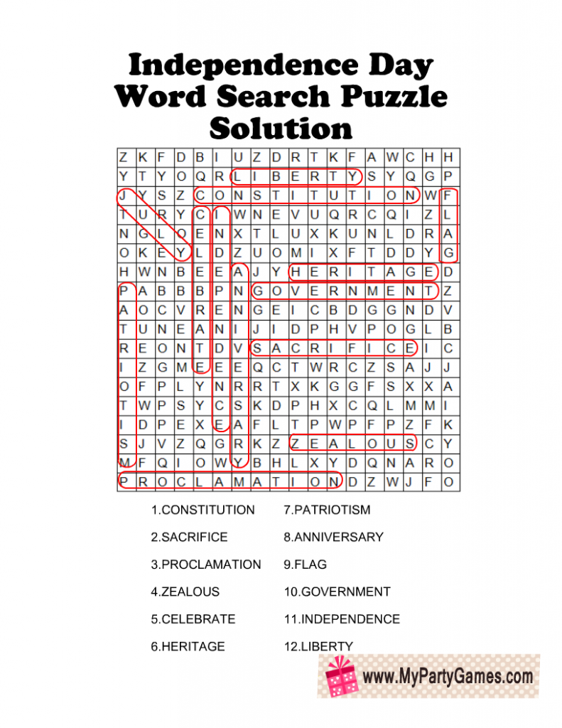 4th of July Word Search Puzzle Solution