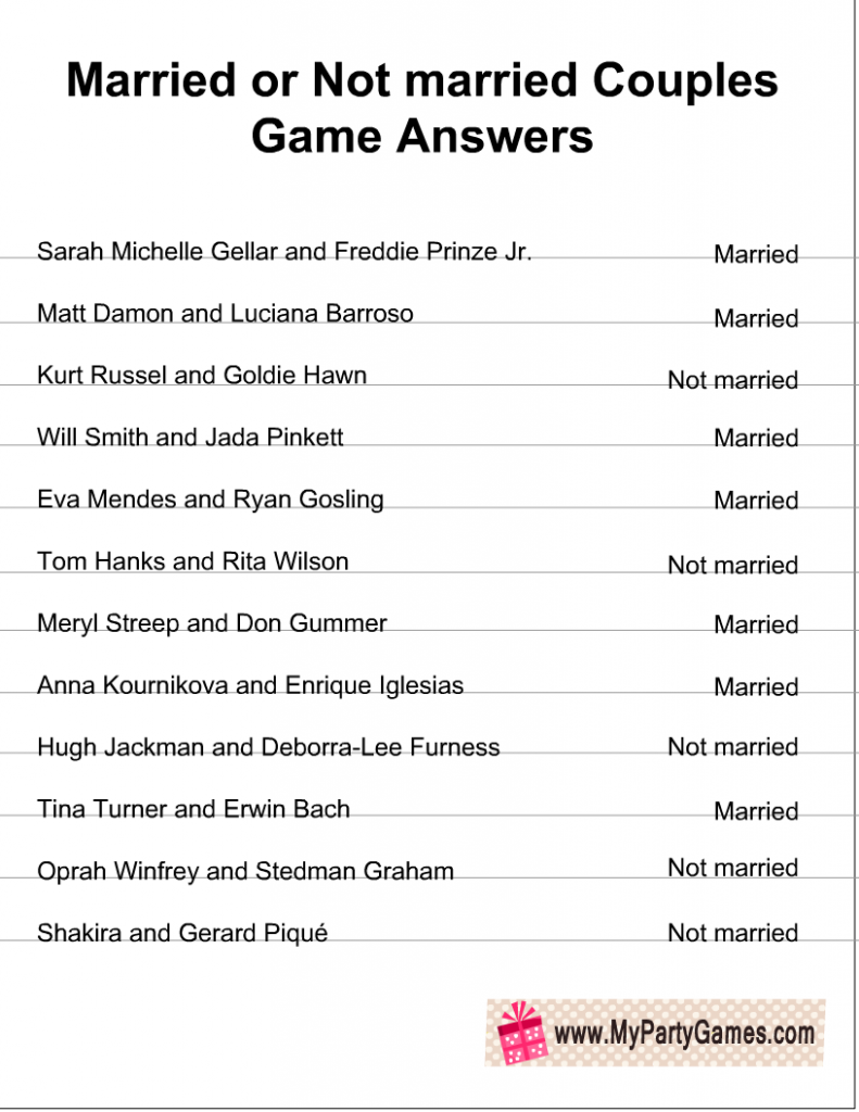 Married or Not Married Game Answer Key