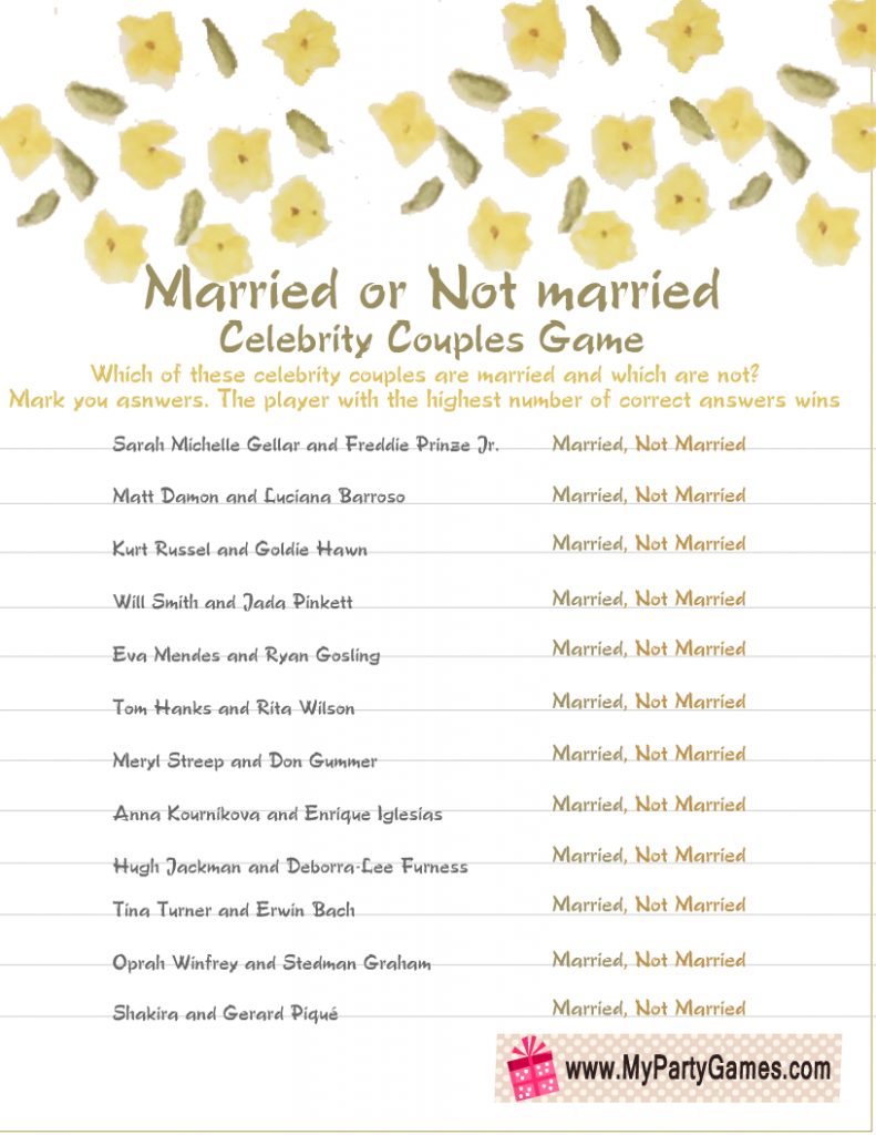 Married or Not Married Celebrity Couples Bridal Shower Game