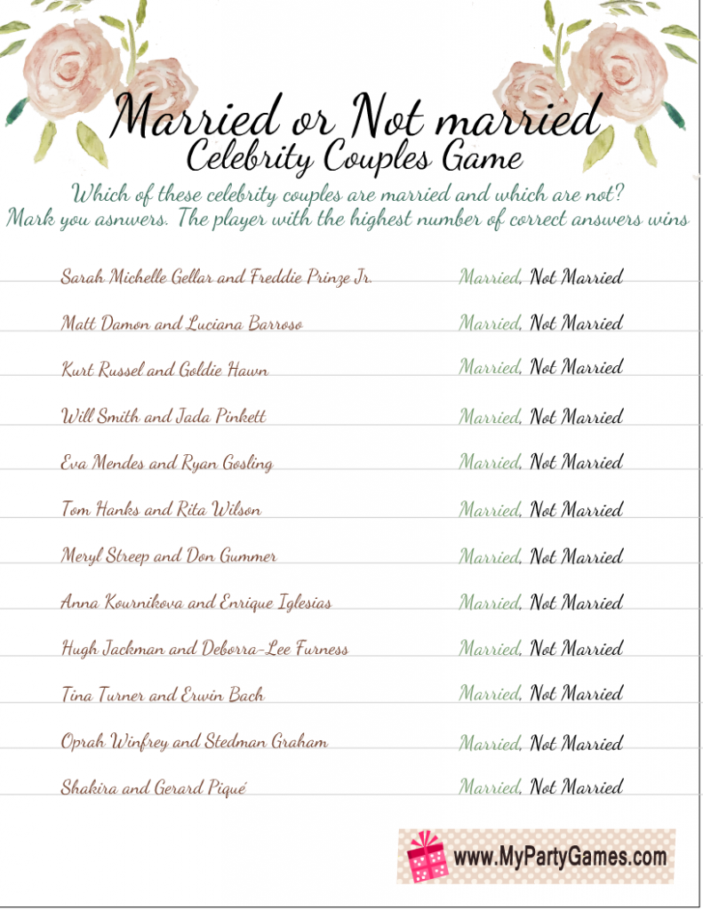 Free Printable Married or Not Married Game for Bridal Shower