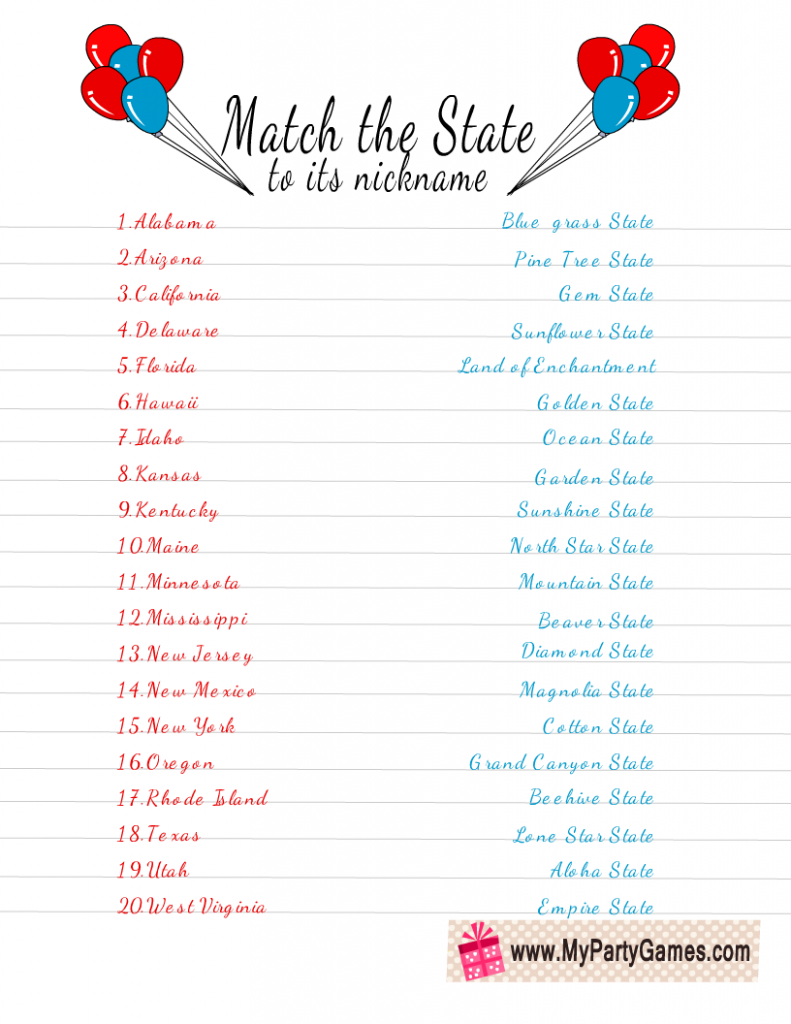 Match the State to Its Nickname Printable