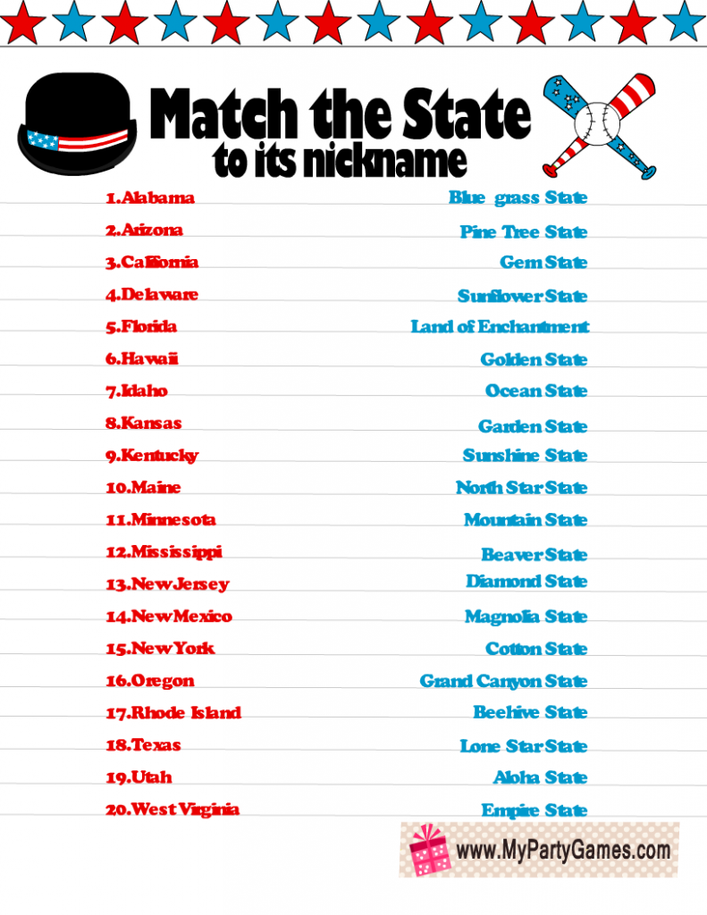 Free Printable Match the State to Its Nickname Game