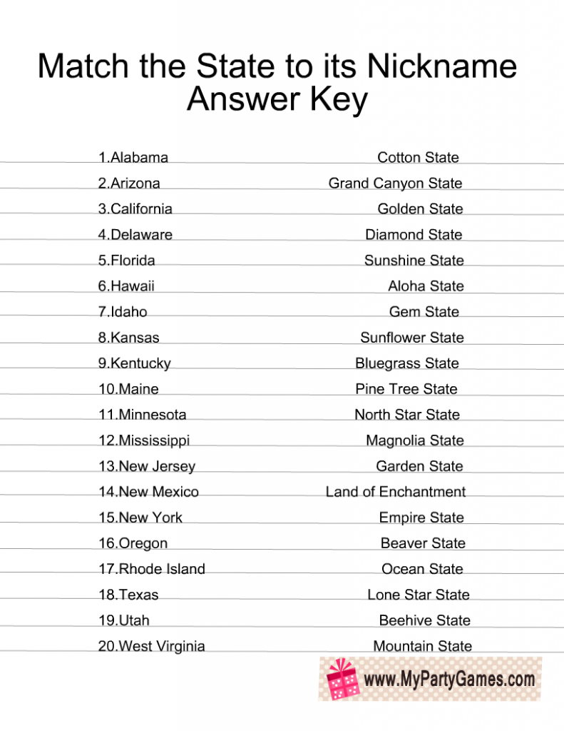 Match the State to Its Nickname Answer Key