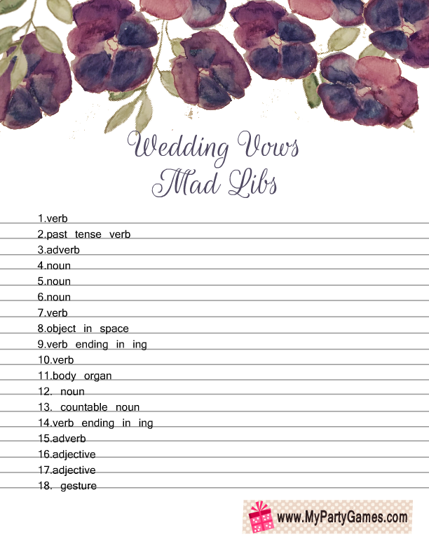 Free Printable Wedding Vows Mad Libs with Purple Flowers Sheet 2