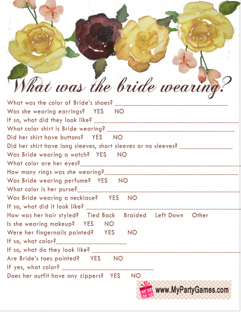 Free Printable What was the Bride Wearing? Game