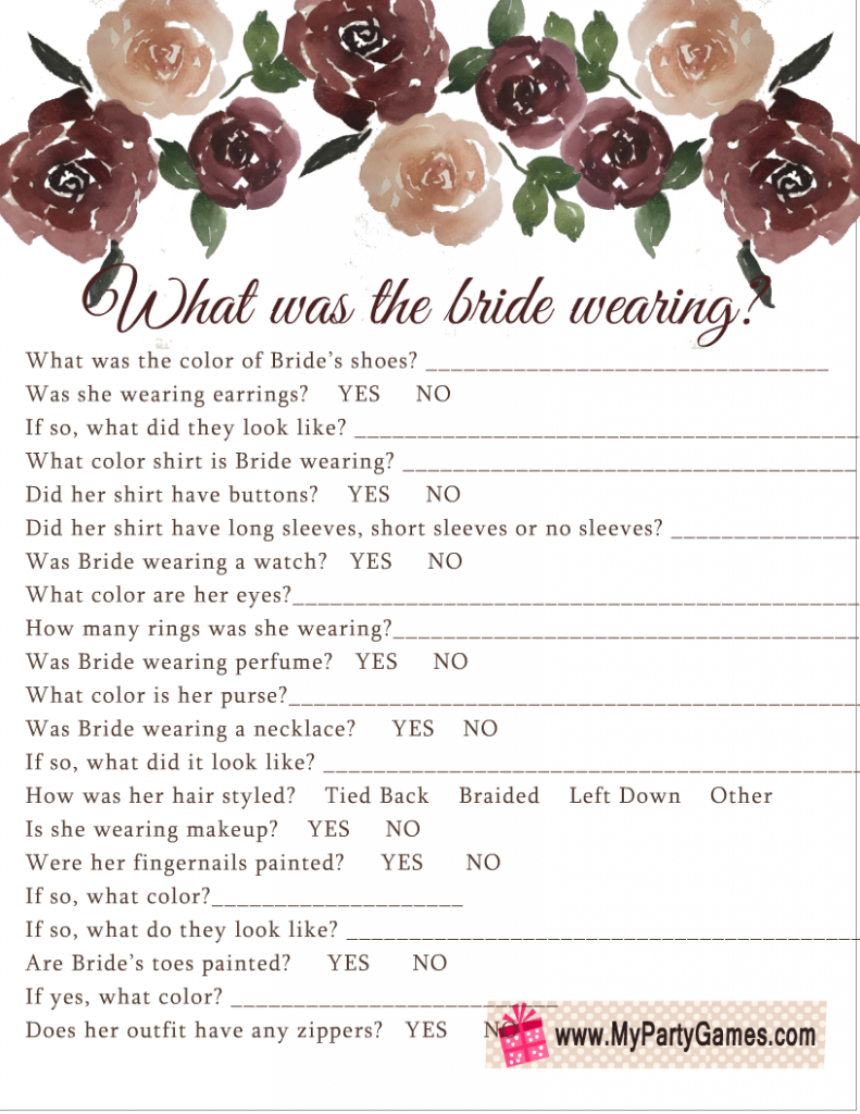 What was the Bride Wearing? Free Printable Game