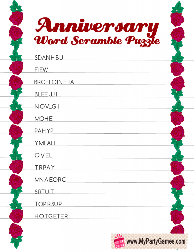 Free Printable Anniversary Word Scramble Puzzle