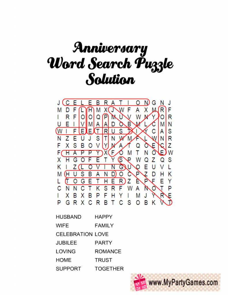 Anniversary Word Search Puzzle Solution