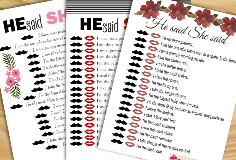 Free Printable He Said She Said Game for Anniversary Party