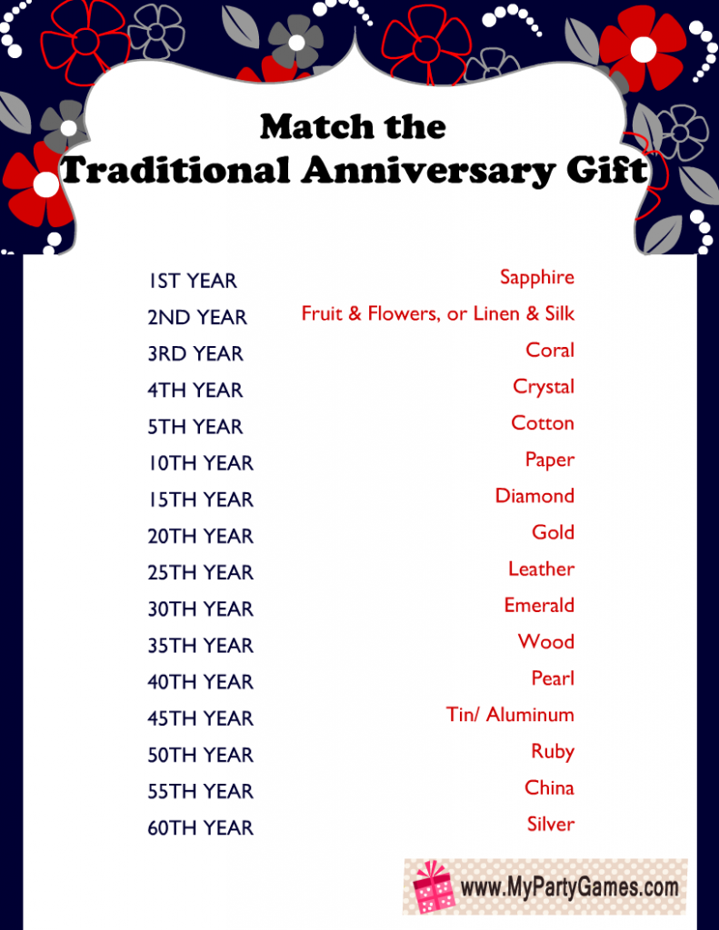 Match the Traditional Anniversary Gift, Free Printable