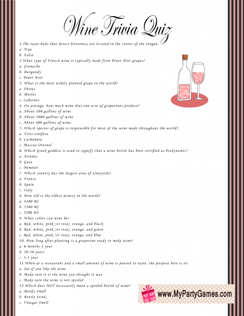 Free Printable Wine Trivia Quiz