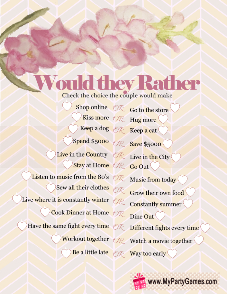 Would they Rather? Anniversary Game Printable