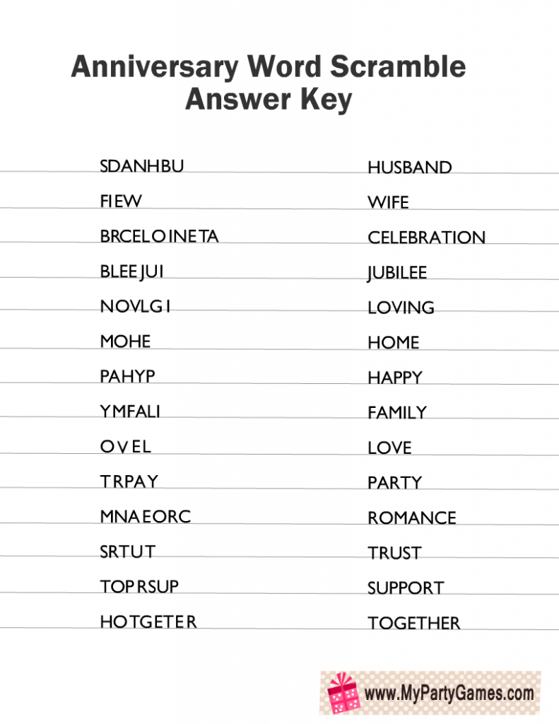 Anniversary Word Scramble Puzzle Solution