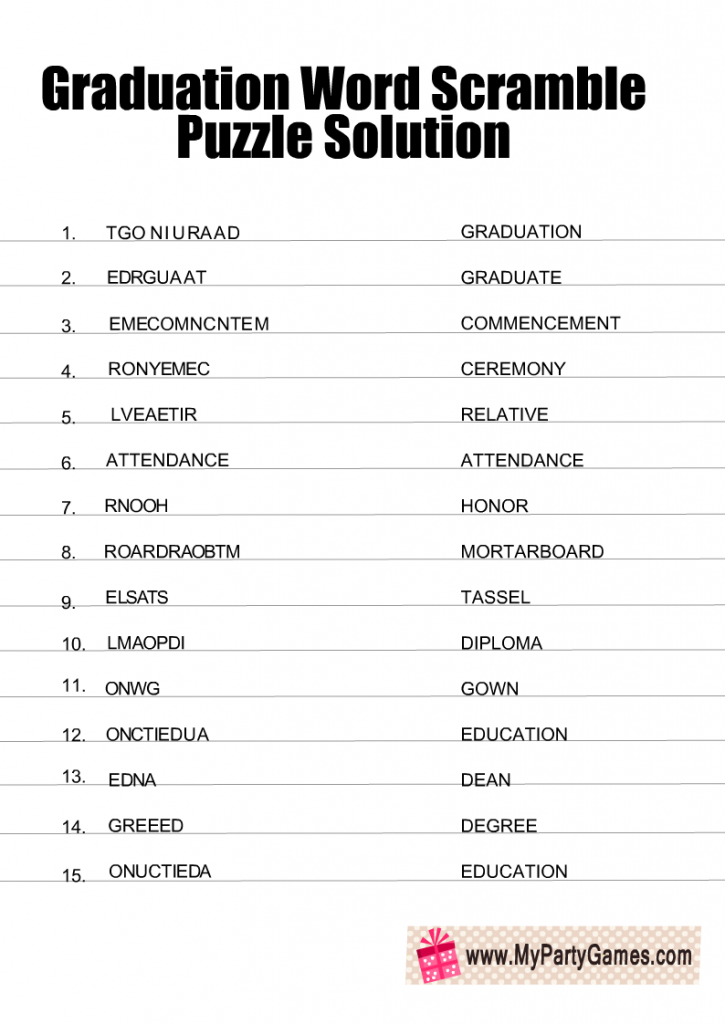 Graduation Word Scramble Puzzle Answer Key