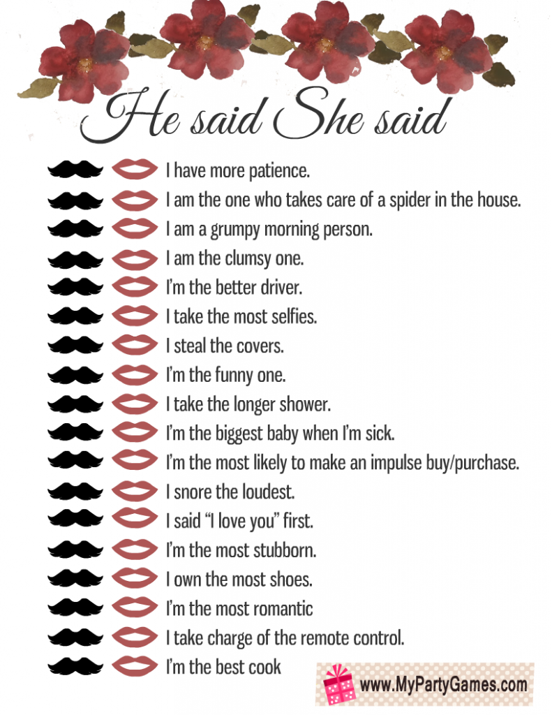 He said She said Anniversary Party Game Printable