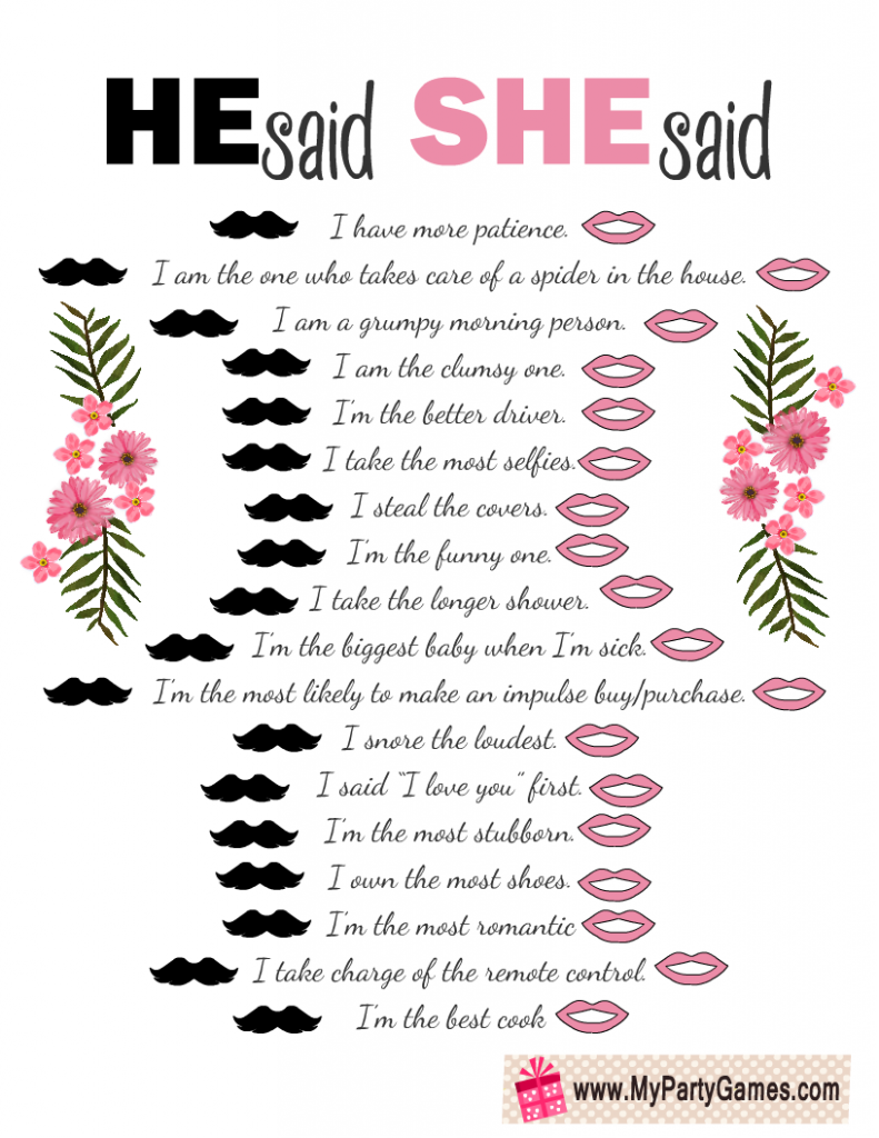 Free Printable He Said She Said Game for Anniversary Party