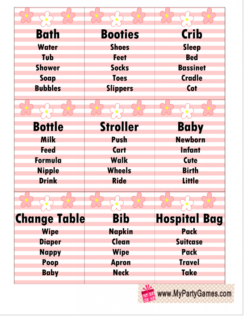 Free Printable Baby Shower Taboo Game Cards in Pink Color