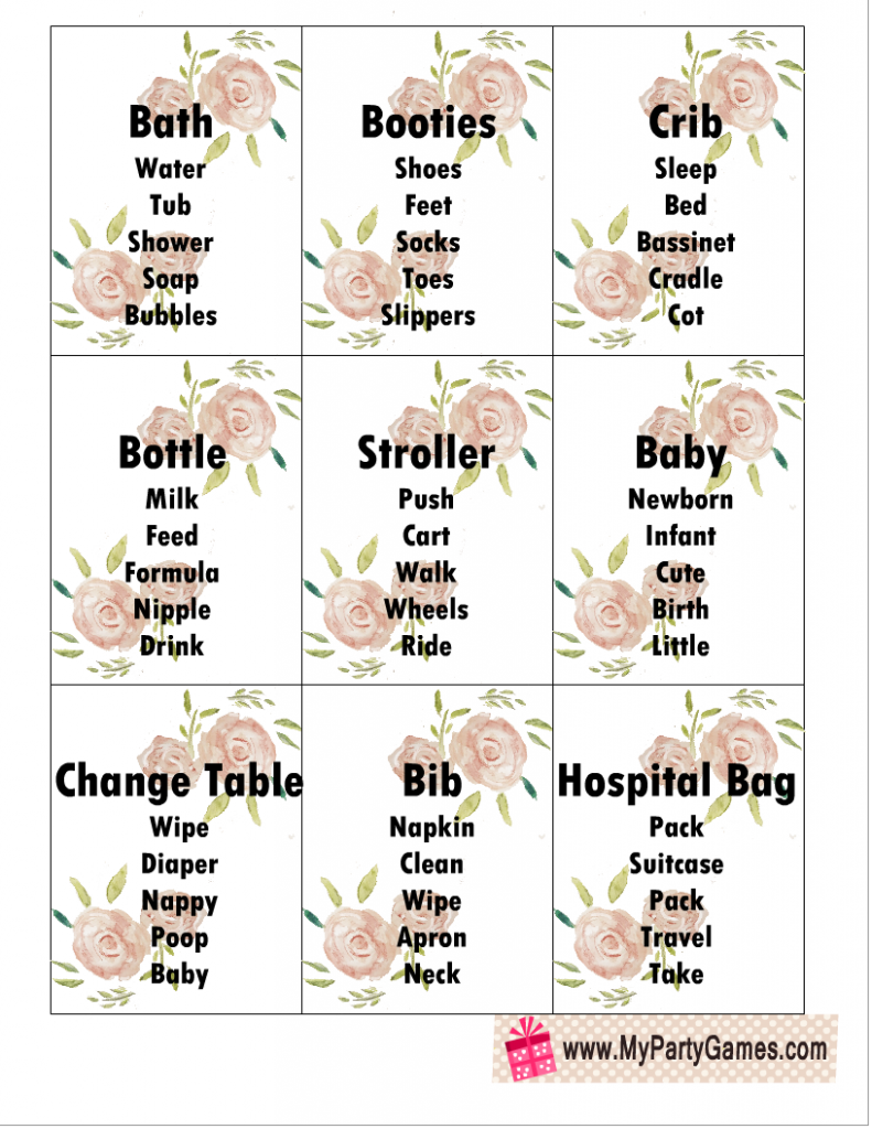 Free Printable Floral Baby Shower Taboo Game Cards