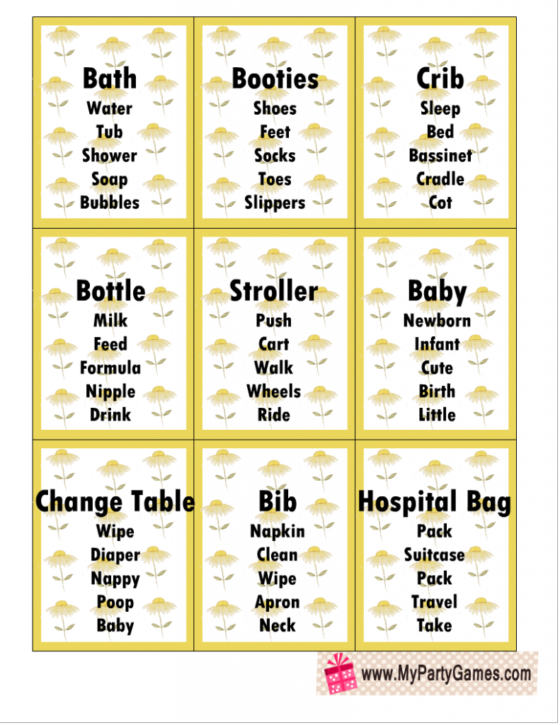 Free Printable Baby Shower Taboo Game Cards in Yellow Color